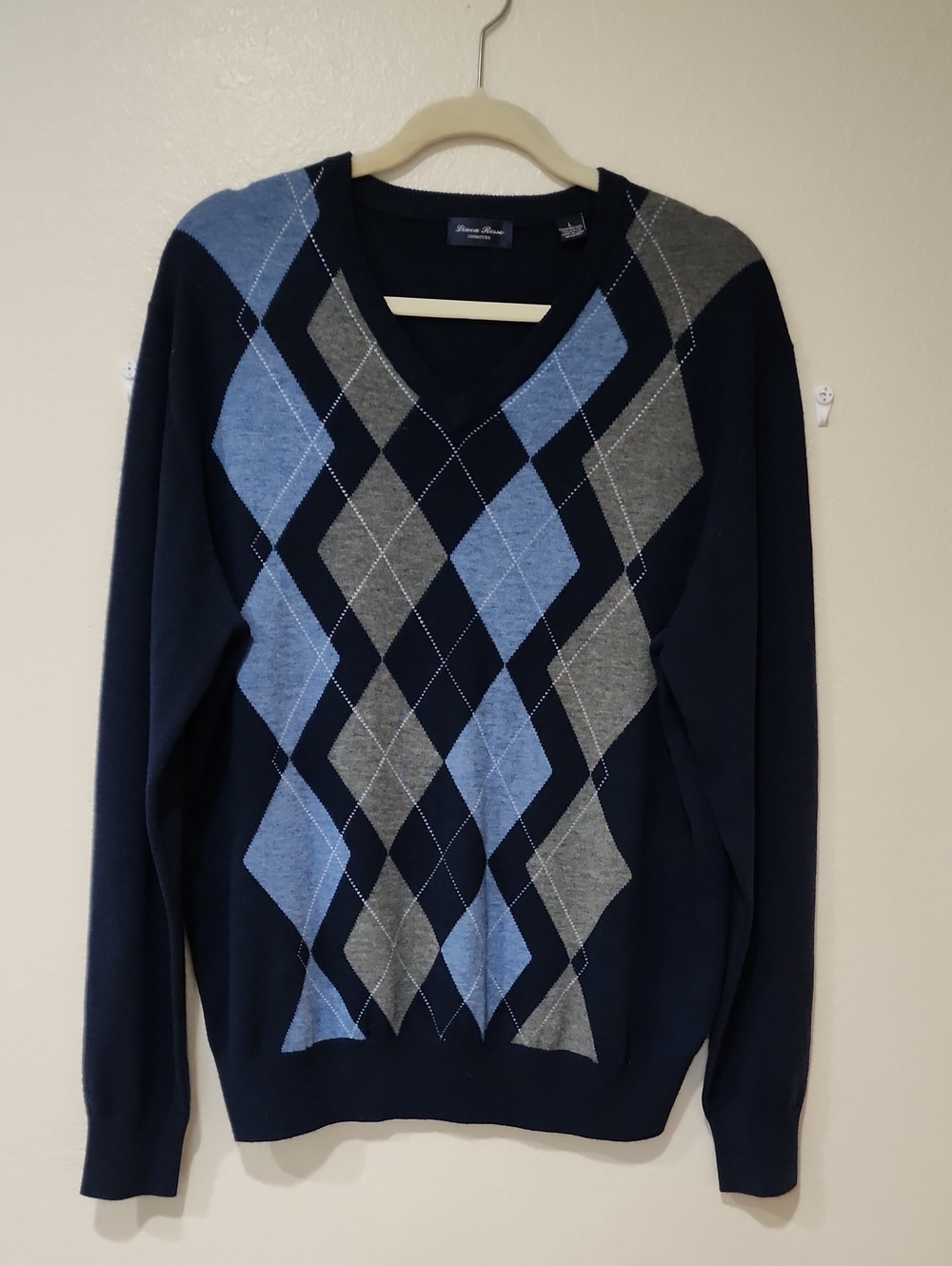 Linea Rosso Signature V-Neck Sweater Argyle Merino Wool Blend Men's size Large